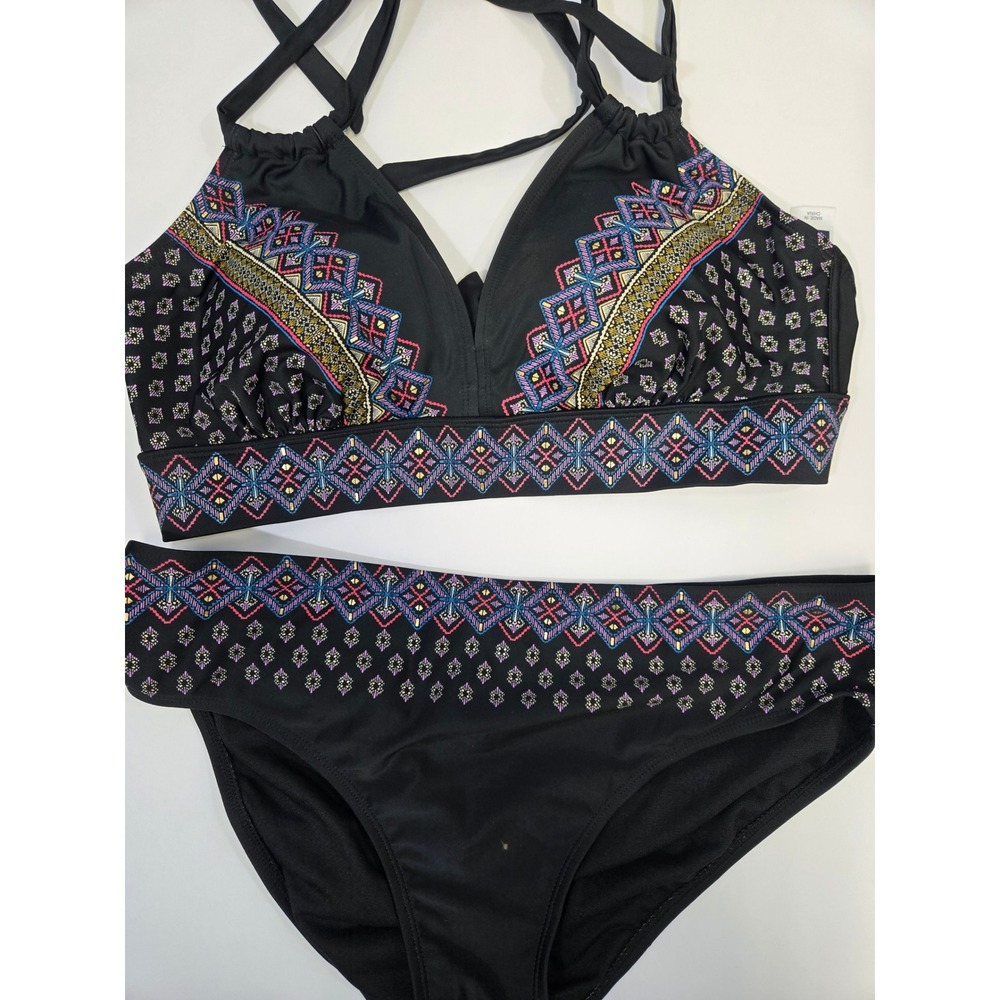Swimsuits For All Boho Embroidered Tribal Geometric Bikini Set Black 14